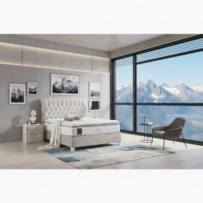 Pat + Saltea Gratis Lexus, ladă depozitare, topper integrat, structură metal + lemn + PAL, tapițerie stofă premium, 180x200 cm, Bej la reducere