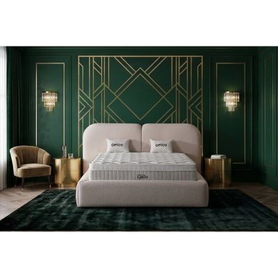 Pat +Saltea Gratis tapițat Opios 140x200 cm crem cu somieră rabatabilă si ladă depozitare