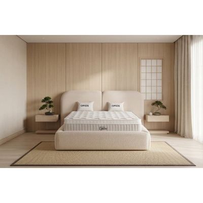 Pat +saltea Gratis tapițat Opios 160x200 cm crem cu somieră rabatabilă, ladă depozitare