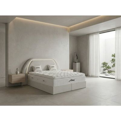 Pat tapițat cu Saltea Gratis, Anna 160x200 cm crem cu somieră rabatabilă, ladă depozitare