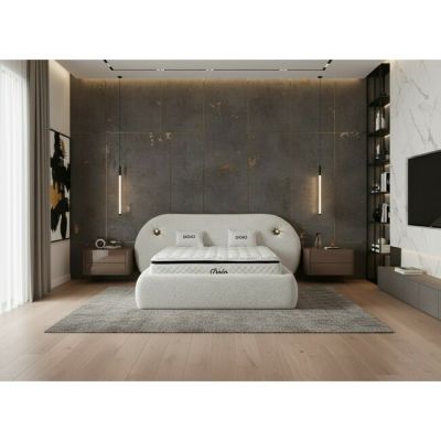 Pat tapițat cu Saltea Gratis, Dojo 180x200 cm crem cu somieră rabatabilă, ladă depozitare