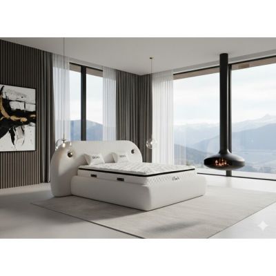 Pat tapițat cu Saltea Gratis, Dojo 180x200 cm crem cu somieră rabatabilă, ladă depozitare