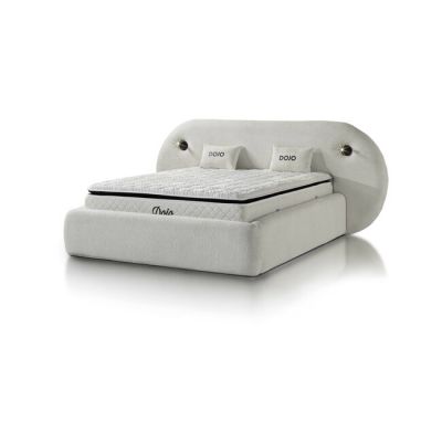 Pat tapițat cu Saltea Gratis, Dojo 200x200 cm crem cu somieră rabatabilă, ladă depozitare la reducere