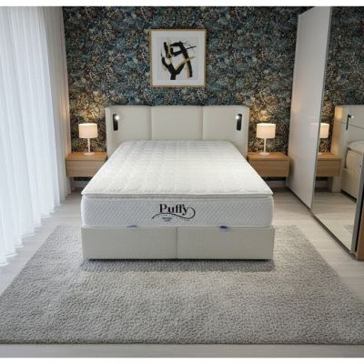 Pat tapițat cu Saltea Gratis, Eclipse 160x200 cm crem cu somieră rabatabilă, ladă depozitare