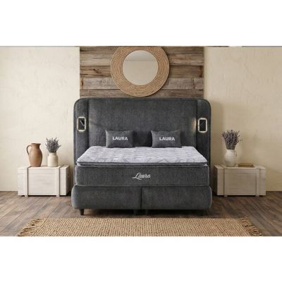 Pat tapițat cu Saltea Gratis, Laura 140x200 cm gri cu somieră rabatabilă, ladă depozitare