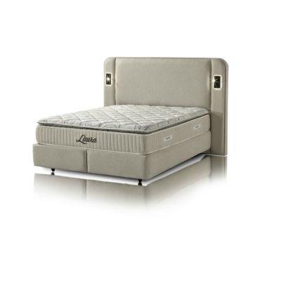 Pat tapițat cu Saltea Gratis, Laura 160x200 cm Bej 01 cu somieră rabatabilă, ladă depozitare