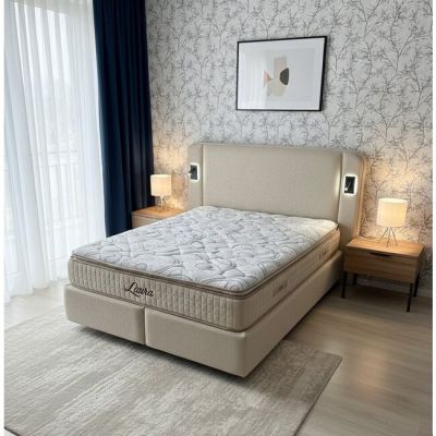 Pat tapițat cu Saltea Gratis, Laura 160x200 cm Bej cu somieră rabatabilă, ladă depozitare