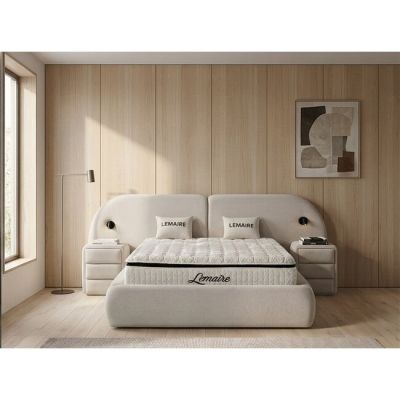 Pat tapițat cu Saltea Gratis, Lemaire 160x200 cm crem cu somieră rabatabilă si ladă depozitare inclusă