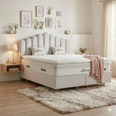 Pat tapițat cu Saltea Gratis, Liora 160x200 cm crem cu somieră rabatabilă, ladă depozitare