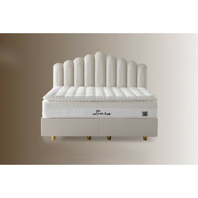 Pat tapițat cu Saltea Gratis, Liora 160x200 cm crem cu somieră rabatabilă, ladă depozitare