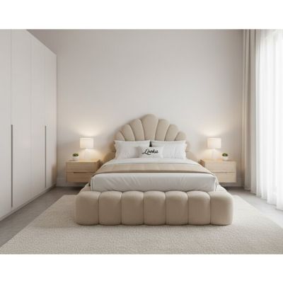 Pat tapițat cu Saltea Gratis, Looka 200x200 cm crem cu somieră rabatabilă, ladă depozitare