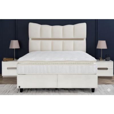 Pat Tapițat cu saltea Gratis MaxComfort, 160x200 cm, Somieră Rabatabilă, Spațiu Depozitare, Culoare Beige