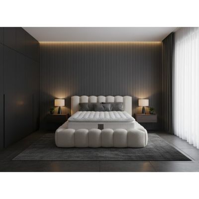 Pat tapițat Madonna 140x200 cm crem cu somieră rabatabilă, ladă depozitare