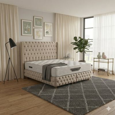 Pat tapițat + Saltea gratis Athena, bej - 160x200 cm, cu somieră rabatabilă si ladă de depozitare