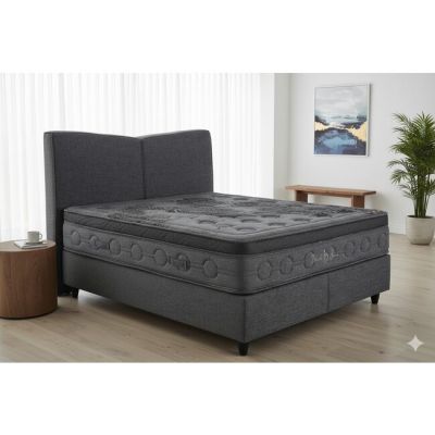 Pat Tapițat + Saltea gratis, Black Swan, gri - 160/200 cm, somieră metalică rabatabilă și ladă depozitare