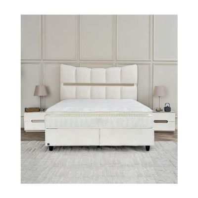 Pat Tapițat + Saltea Gratis Extra Comfort, bej MK-2713- 160x200 cm, somieră rabatabilă, spațiu depozitare