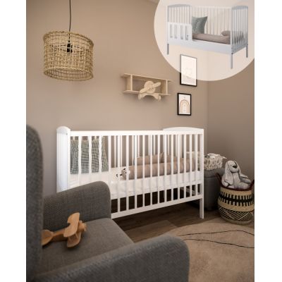 Patut 2 in 1 Pure alb din lemn cu somiera reglabila, trepte detasabile si bariera transformare 120 x 60 cm