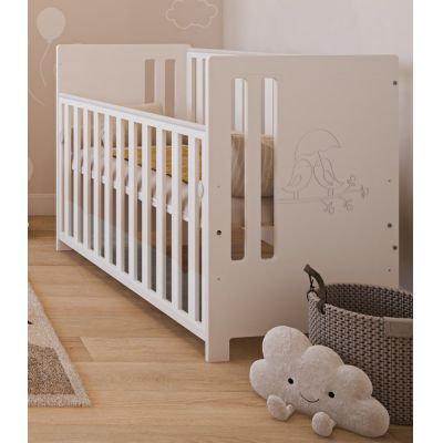 Patut din lemn Pasarele alb cu laterala culisanta si protectie silicon pentru dentitie 120 x 60 cm