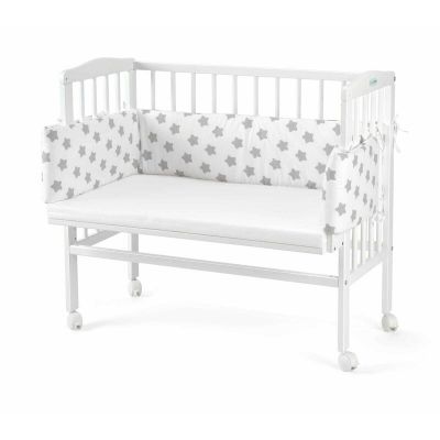 Patut pentru copii, Waldin, 2in1, 90 cm x 55 cm, lemn de fag, vopsea certificata, roti blocabile, laterala detasabila, co-sleeping, Saltea inclusa, Aparatoare laterala din bumbac, Alb, SX18