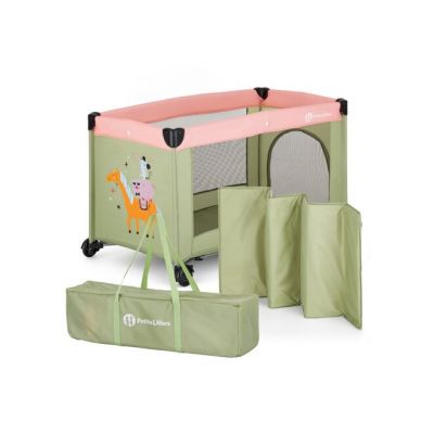 Patut pliant, Petite&Mars, Koot, 120 x 60 cm, Cu roti, Functie de tarc, Pliere compacta, Include geanta de transport, Intrare laterala cu fermoar, Pereti din plasa, Pana la 15 kg, 0-30 luni, Boho