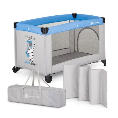 Patut pliant, Petite&Mars, Koot, 120 x 60 cm, Cu roti, Functie de tarc, Pliere compacta, Include geanta de transport, Intrare laterala cu fermoar, Pereti din plasa, Pana la 15 kg, 0-30 luni, Gri