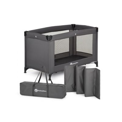 Patut pliant, Petite&Mars, Koot, 120 x 60 cm, Cu roti, Functie de tarc, Pliere compacta, Include geanta de transport, Intrare laterala cu fermoar, Pereti din plasa, Pana la 15 kg, 0-30 luni, Gri Charcoal