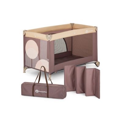 Patut pliant, Petite&Mars, Nyja, 120 x 60 cm, Cu roti, Functie de tarc, Pliere compacta, Include geanta de transport, Intrare laterala cu fermoar, Pereti din plasa, Pana la 15 kg, 0-30 luni, Mocha