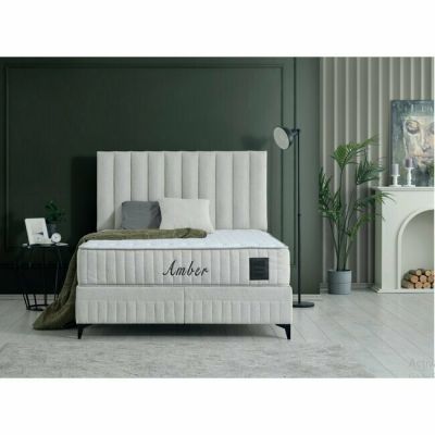 Set Pat + Saltea Amber, ladă depozitare, design elegant, topper confort, structură metal + lemn + PAL, tapițerie stofă premium, 140x200 cm, Crem