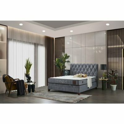 Set Pat + Saltea Comfort, ladă depozitare, somieră rabatabilă, topper confort, structură metal + lemn + PAL, tapițerie stofă premium, 140x200 cm, Gri