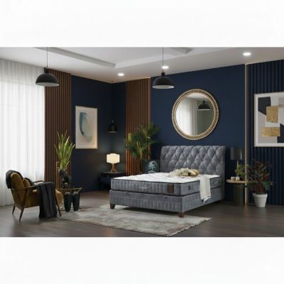 Set Pat + Saltea Comfort, ladă depozitare, somieră rabatabilă, topper confort, structură metal + lemn + PAL, tapițerie stofă premium, 200x200 cm, Gri
