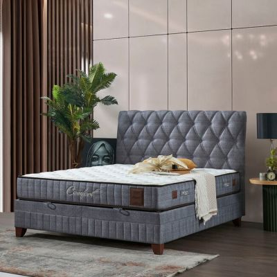 Set Pat + Saltea Gratis Comfort, ladă depozitare, somieră rabatabilă, topper confort, structură metal + lemn + PAL, tapițerie stofă premium, 140x200 cm, Gri