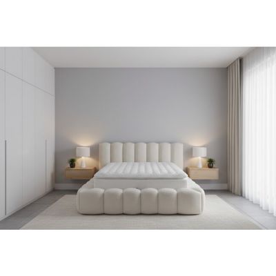 Set pat +Saltea Gratis ,tapițat Madonna 200x200 cm crem cu somieră rabatabilă si ladă depozitare