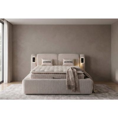 Set pat +Saltea Gratis , tapițat Monora 140x200 cm crem cu somieră rabatabilă si ladă depozitare