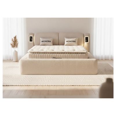 Set pat+Saltea Gratis , tapițat Monora 160x200 cm crem cu somieră rabatabilă si ladă depozitare