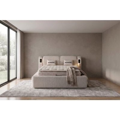 Set pat +Saltea Gratis tapițat Monora 200x200 cm crem cu somieră rabatabilă si ladă depozitare