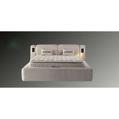 Set pat +Saltea Gratis tapițat Monora 200x200 cm crem cu somieră rabatabilă si ladă depozitare