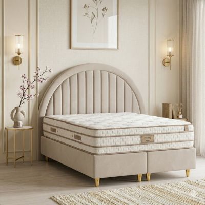 Set pat +Saltea Gratis tapițat Moon 160x200 cm crem cu somieră rabatabilă si ladă depozitare