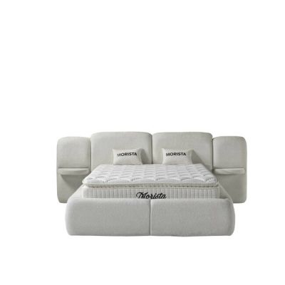 Set pat + Saltea Gratis ,tapițat Morista 200x200 cm crem cu somieră rabatabilă si ladă depozitare inclusă