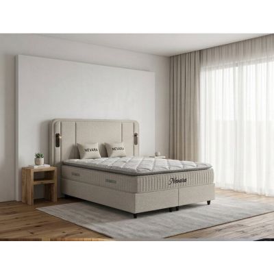 Set pat+ Saltea Gratis tapițat Nevara 160x200 cm crem cu somieră rabatabilă si ladă depozitare
