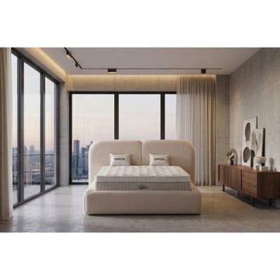 Set pat + Saltea Gratis tapițat Opios 180x200 cm crem cu somieră rabatabilă, ladă depozitare și saltea inclusă