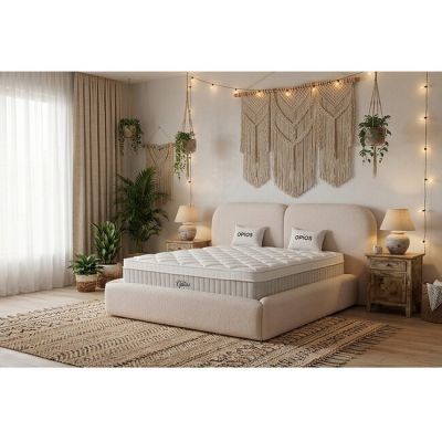 Set pat +Saltea Gratis tapițat Opios 200x200 cm crem cu somieră rabatabilă si ladă depozitare
