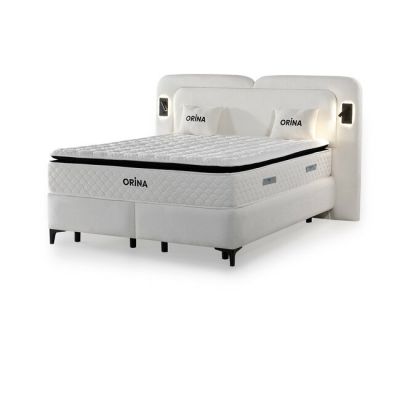 Set pat+Saltea Gratis tapițat Orina 160x200 cm crem cu somieră rabatabilă si ladă depozitare