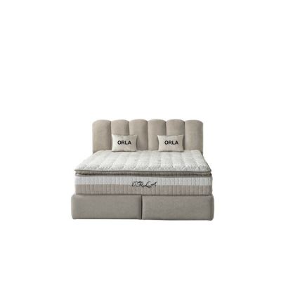 Set pat +Saltea Gratis tapițat Orla 160x200 cm crem cu somieră rabatabilă, ladă depozitare