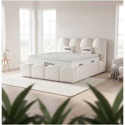 Set pat + Saltea Gratis tapițat Shakira 140x200 cm crem cu somieră rabatabilă si ladă depozitare