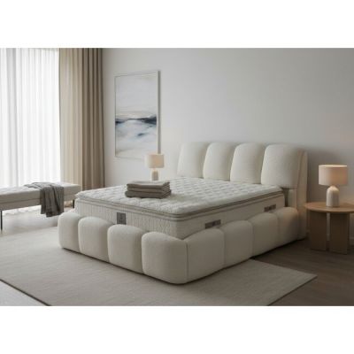 Set pat + Saltea Gratis tapițat Shakira 200x200 cm crem cu somieră rabatabilă si ladă depozitare