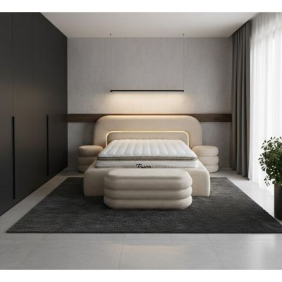 Set pat + Saltea Gratis ,tapițat Tosco 140x200 cm crem cu somieră rabatabilă si ladă depozitare