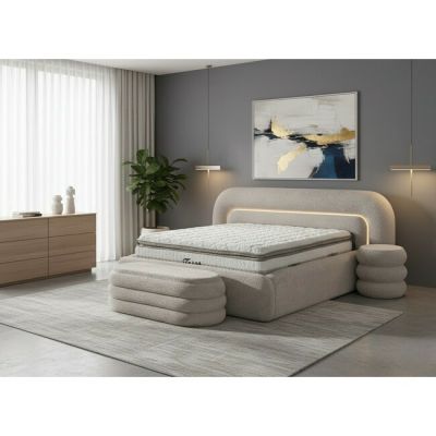 Set pat+saltea GRATIS tapițat Tosco 160x200 cm crem cu somieră rabatabilă, ladă depozitare