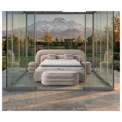 Set pat + Saltea Gratis , tapițat Tosco 180x200 cm crem cu somieră rabatabilă si ladă depozitare