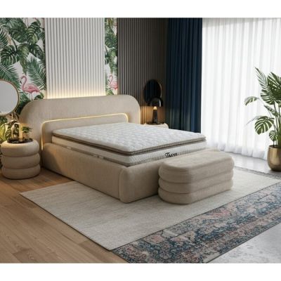 Set pat + Saltea Gratis ,tapițat Tosco 200x200 cm crem cu somieră rabatabilă si ladă depozitare