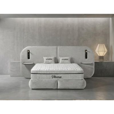 Set pat+ Saltea Gratis tapițat Vivara 160x200 cm crem cu somieră rabatabilă, ladă depozitare și saltea inclusă
